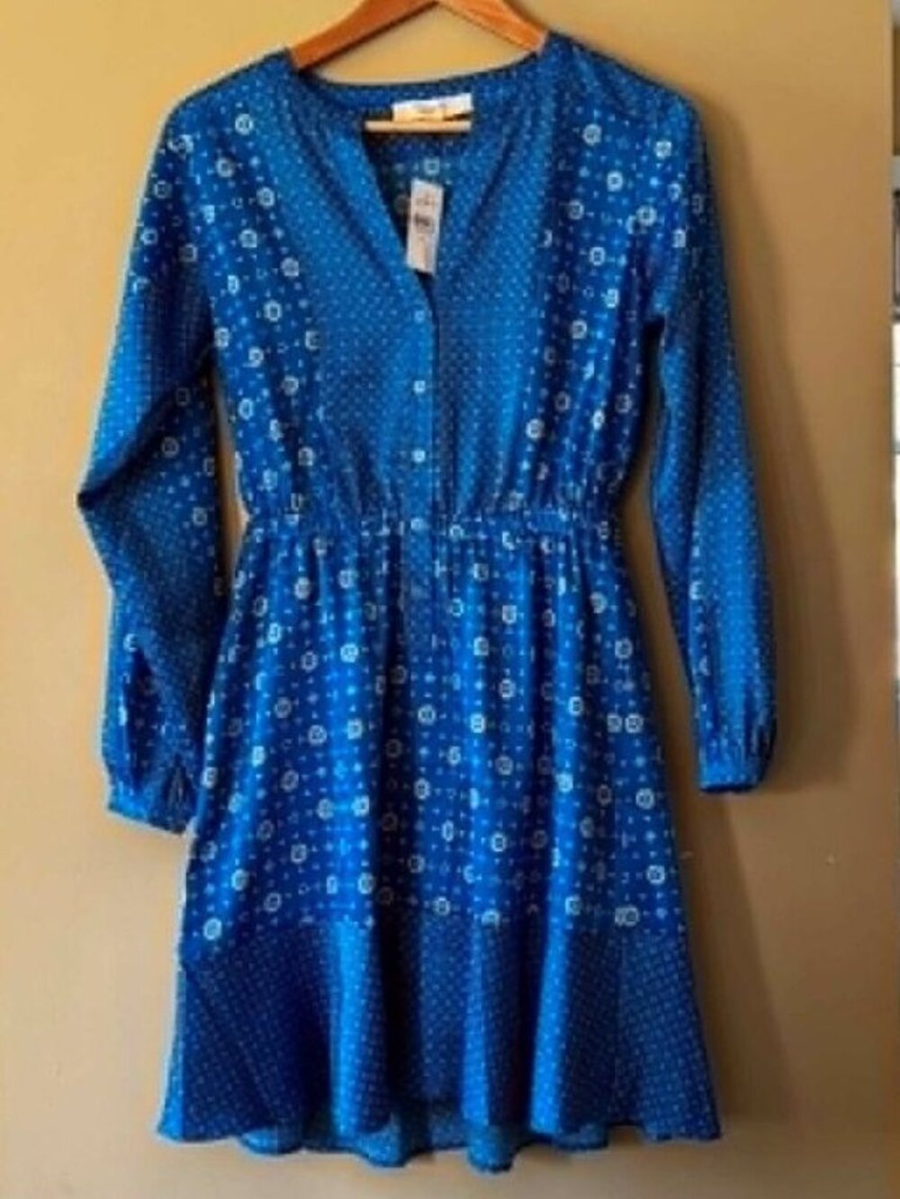 LOFT NWT Blue Print Long Sleeve Elastic Waist Dress | XS